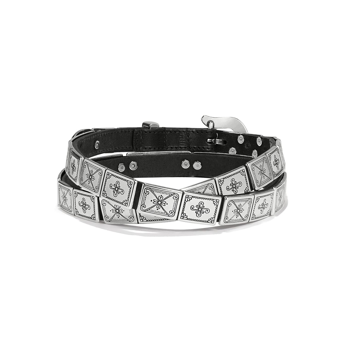 Brighton leather belt with silver-tone engraved square medallions featuring floral and scroll motifs on a white background