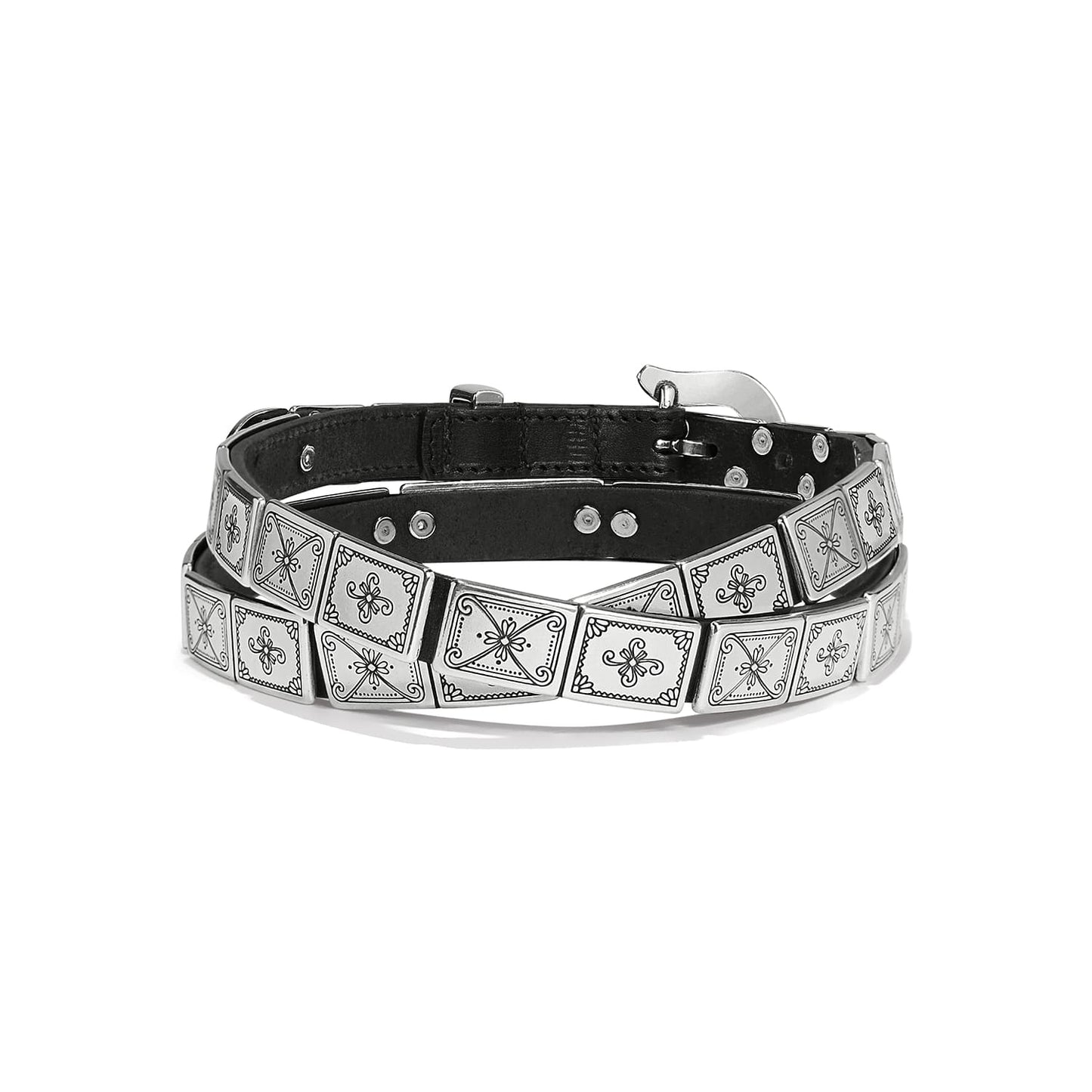 Brighton leather belt with silver-tone engraved square medallions featuring floral and scroll motifs on a white background