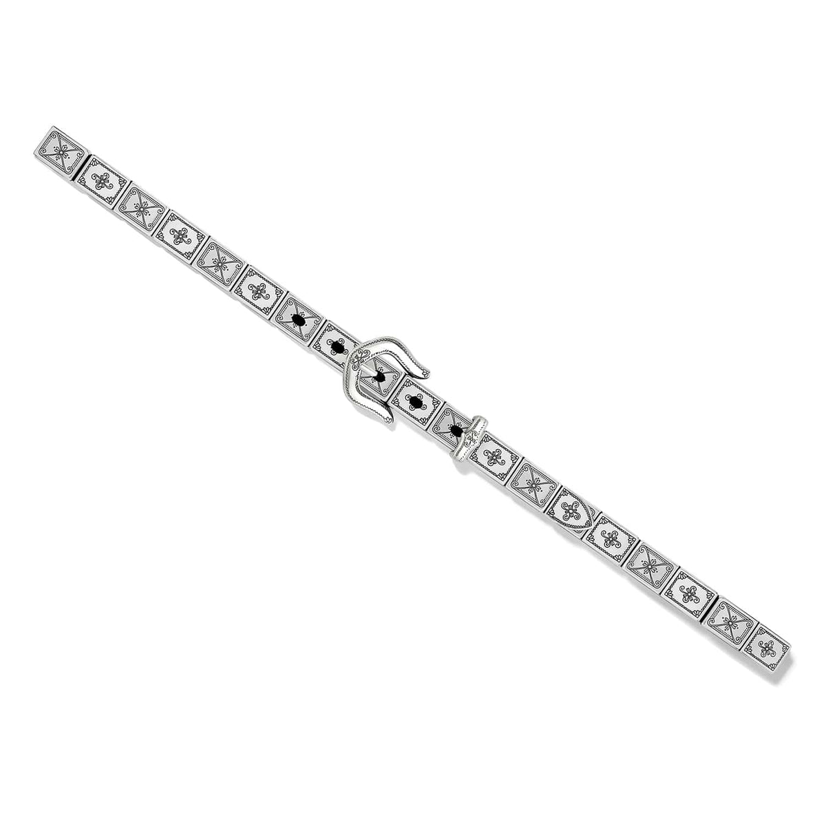 Brighton leather belt with silver-tone engraved square links, ornate buckle, and scroll motif details on a white background