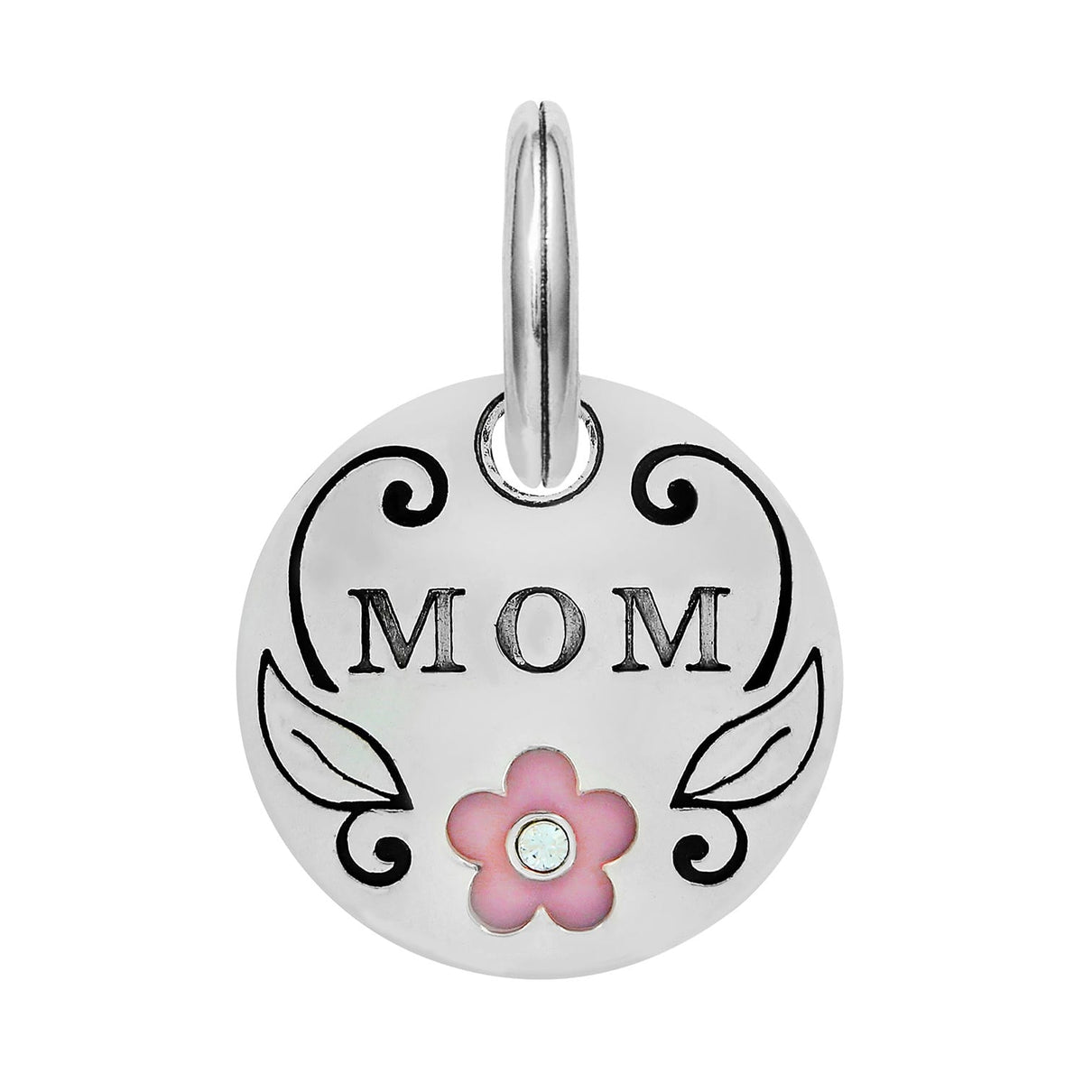 Brighton charm with engraved MOM lettering, pink enamel flower, crystal center, and silver-plated split ring on a white background