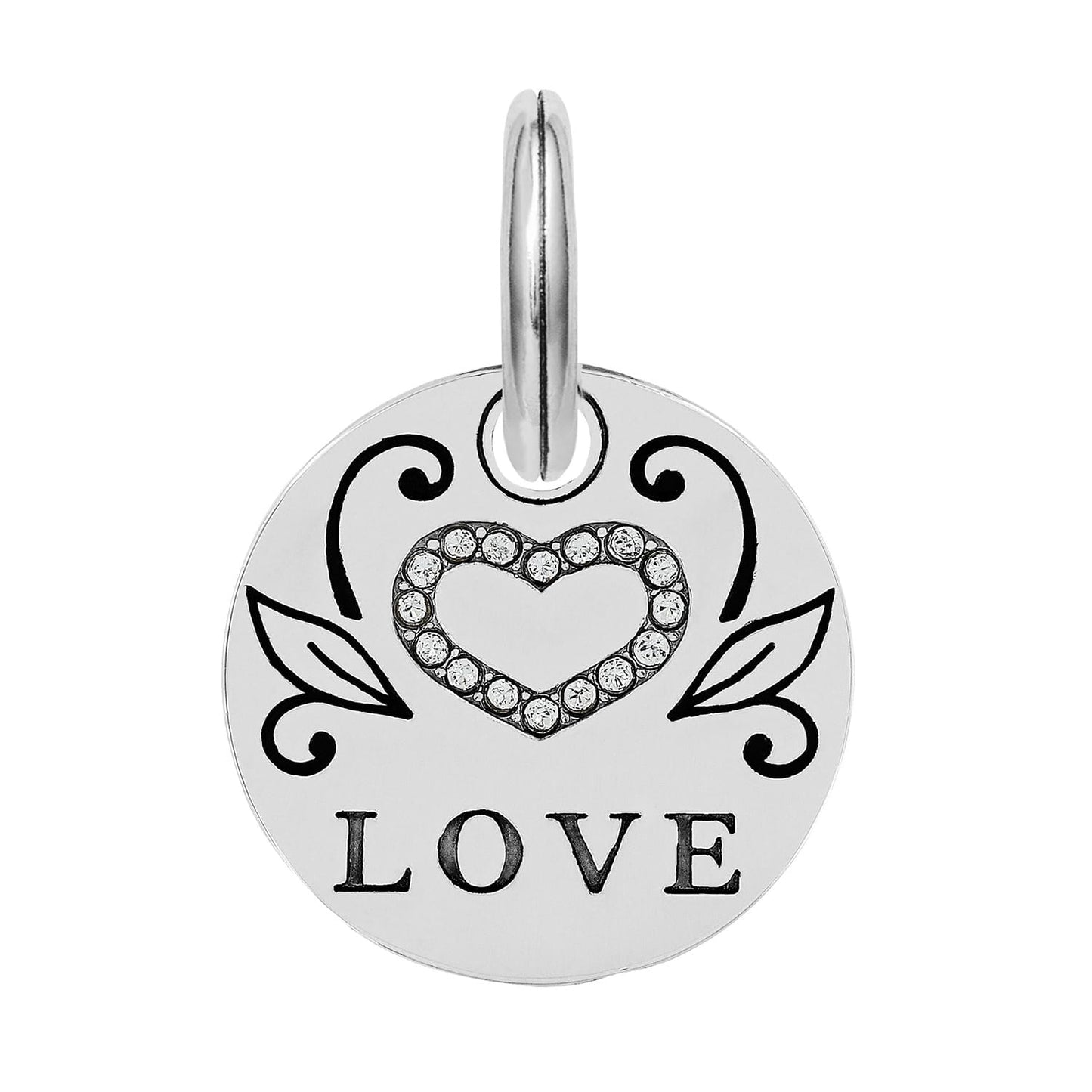 Brighton round charm with silver-plated finish, crystal heart center, scroll engraving, and Love text on a white background