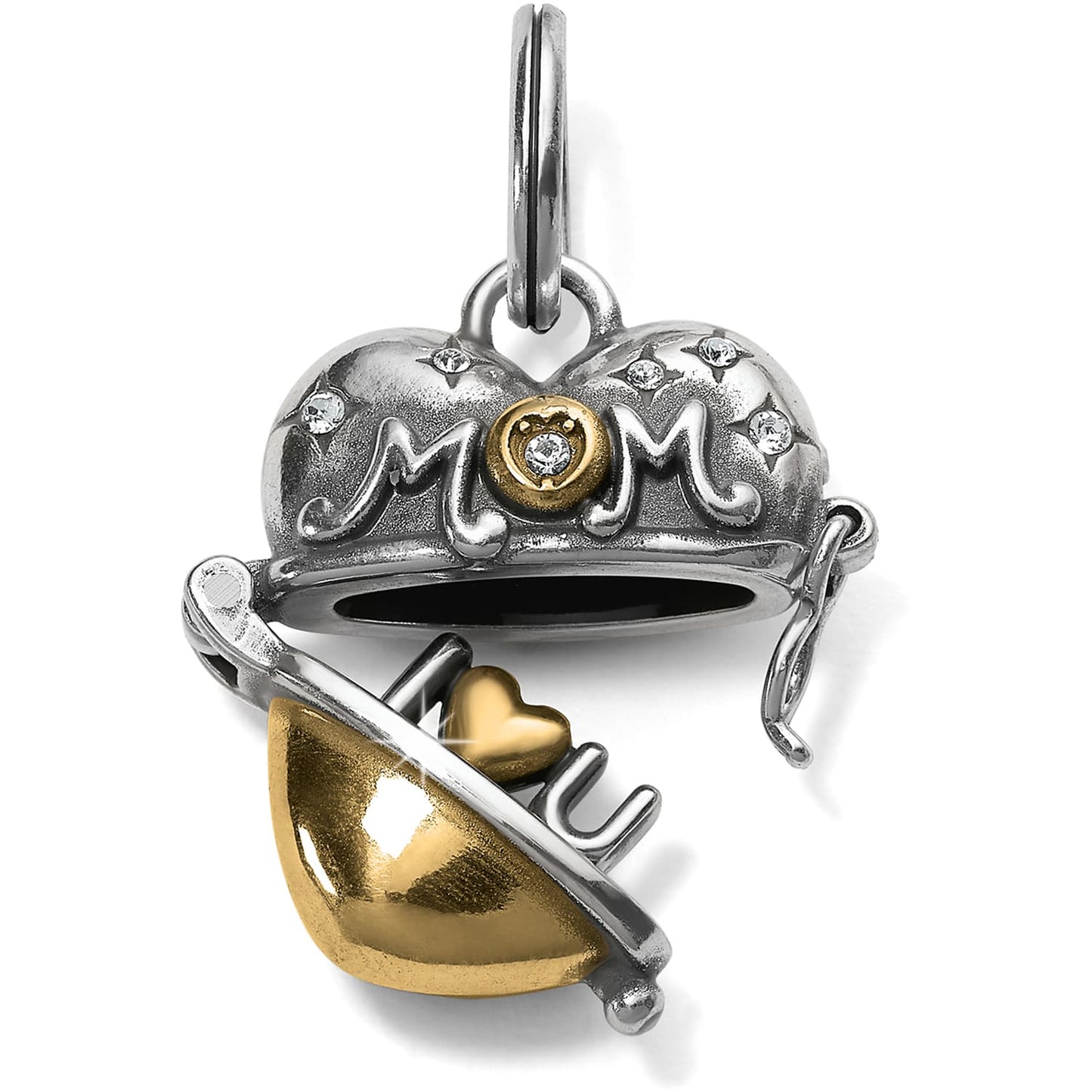 Brighton heart charm shown open with two-tone crown design, MOM lettering, crystal accents, and gold heart interior on a white background