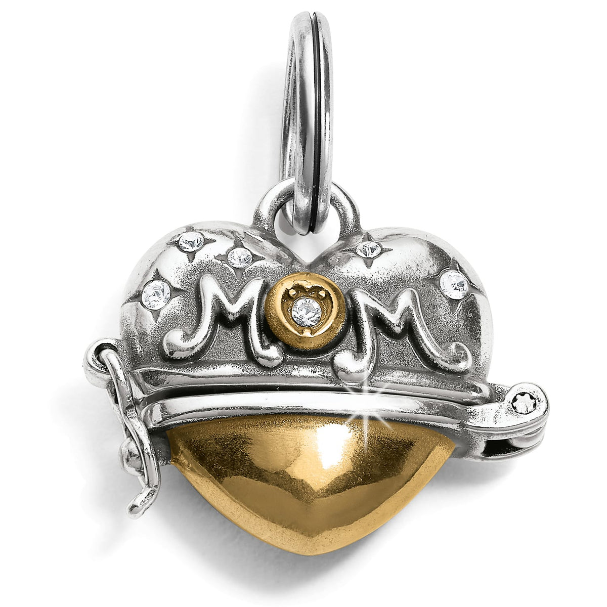 Brighton heart charm with two-tone crown design, MOM lettering, and crystal accents on a white background