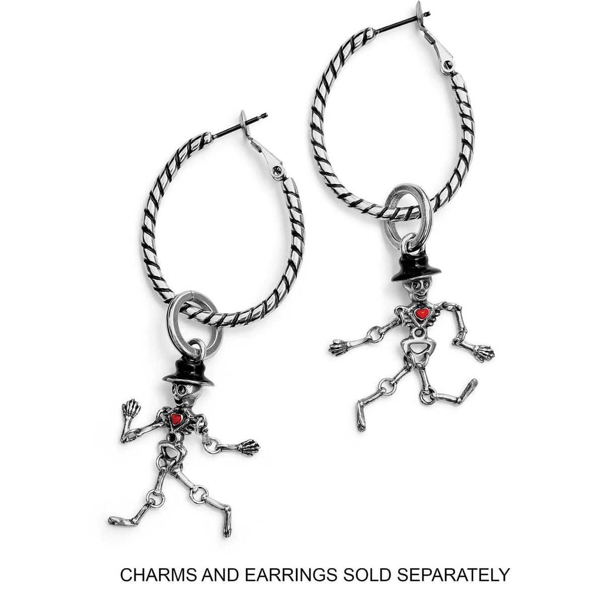 Brighton hoop earrings with dangling silver-plated skeleton charms featuring black enamel hats and red enamel hearts on a white background