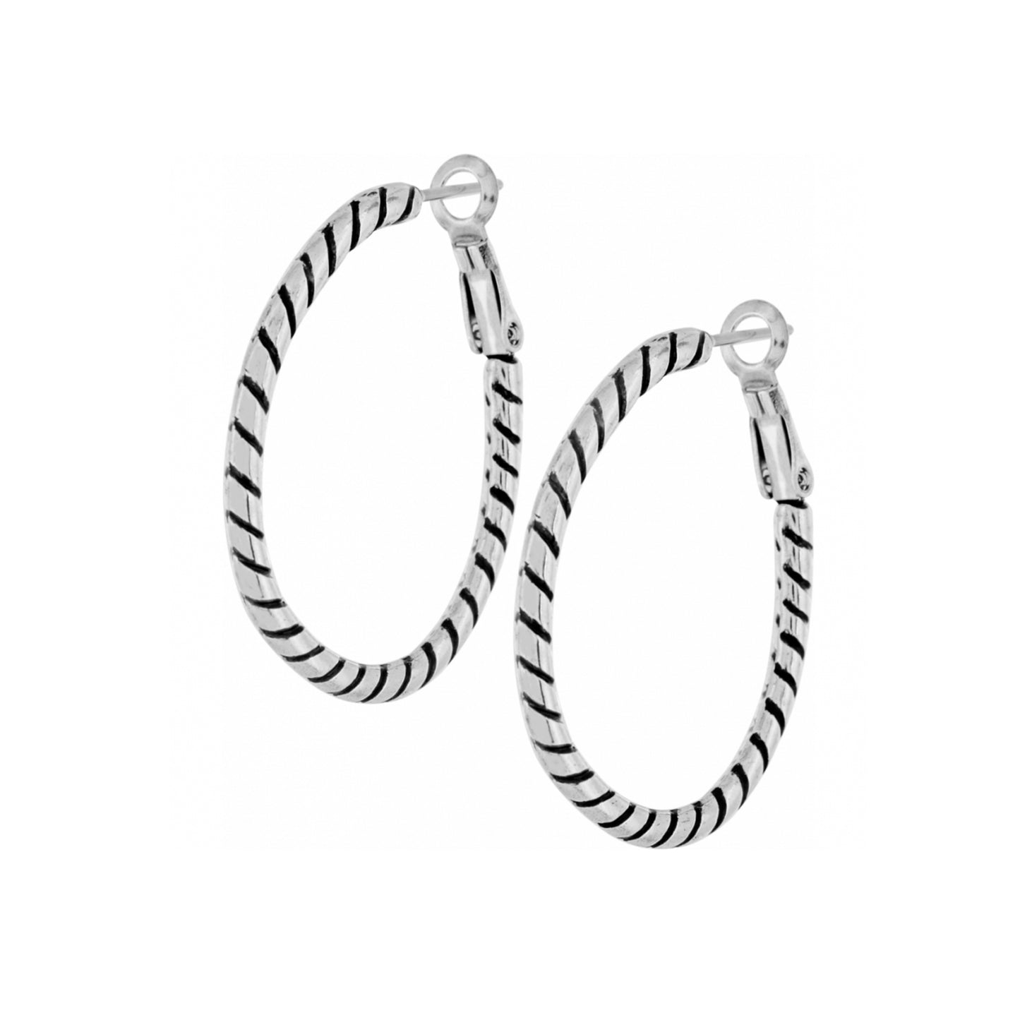Brighton hoop earrings with silver-plated twisted rope design and black enamel accents on a white background