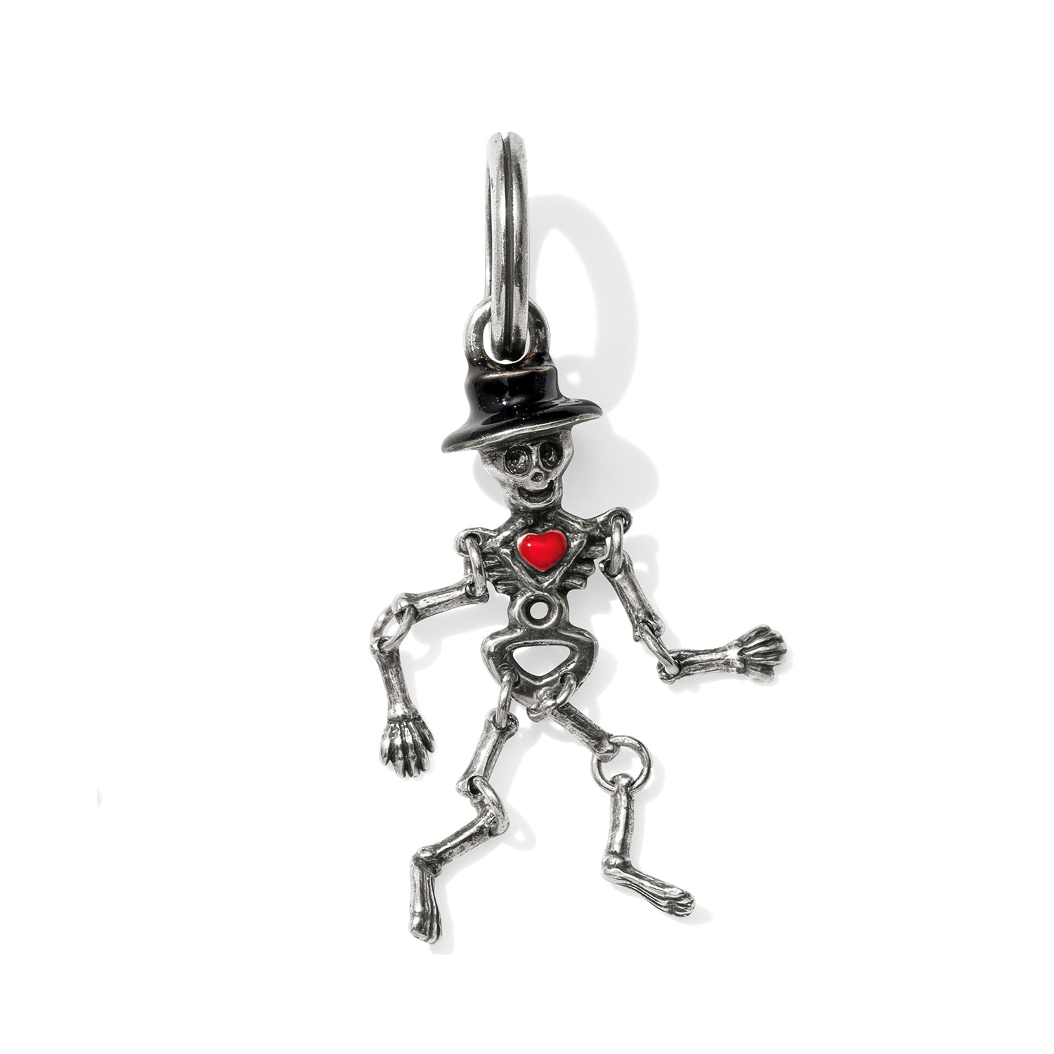 Brighton skeleton charm with silver-plated finish, black enamel top hat, and red enamel heart on a white background