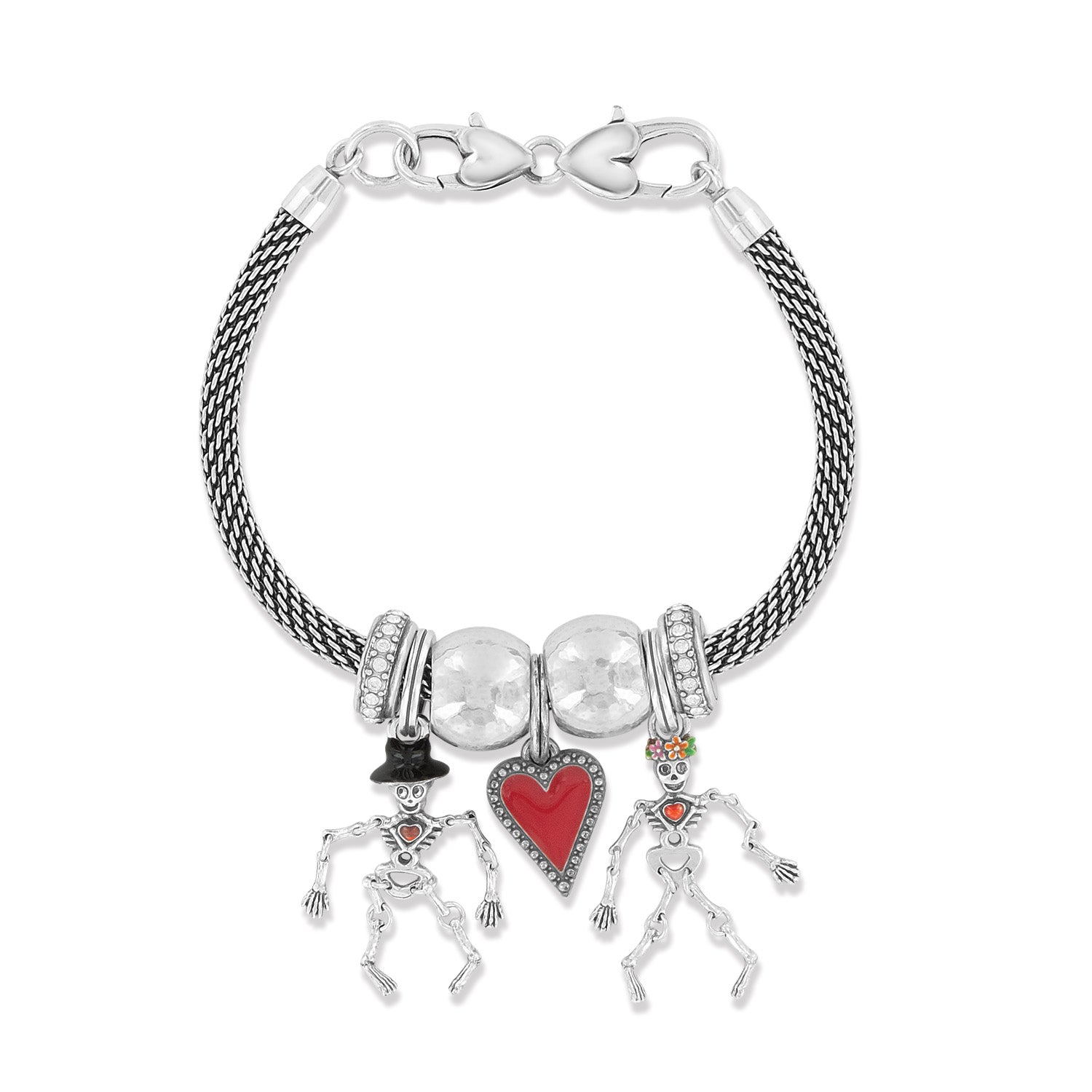 Brighton silver-plated charm bracelet with skeleton charms, red enamel heart, and crystal accent beads on a white background