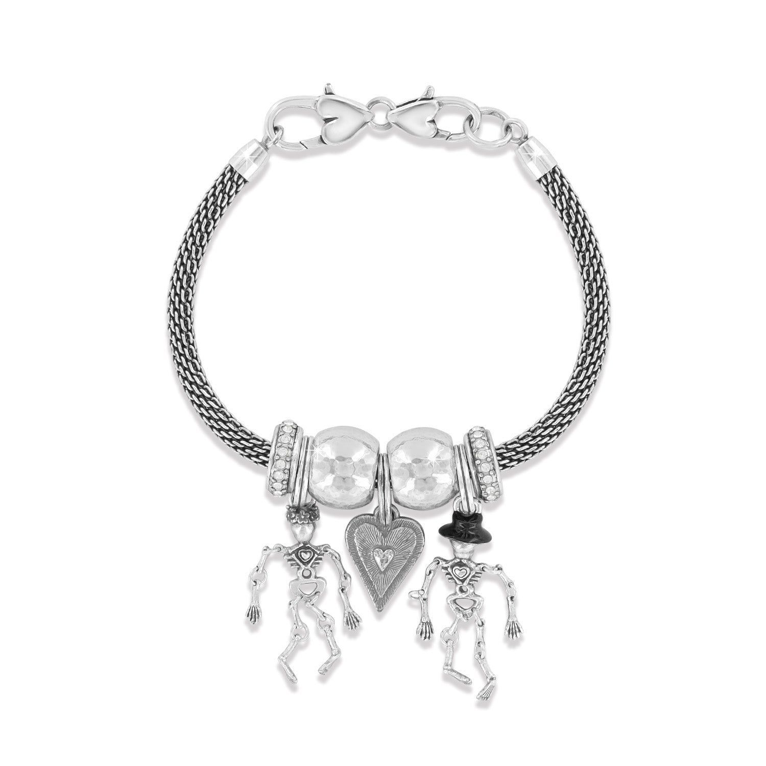 Brighton charm bracelet with silver-plated skeleton charms, heart pendant, and crystal accent beads on a white background