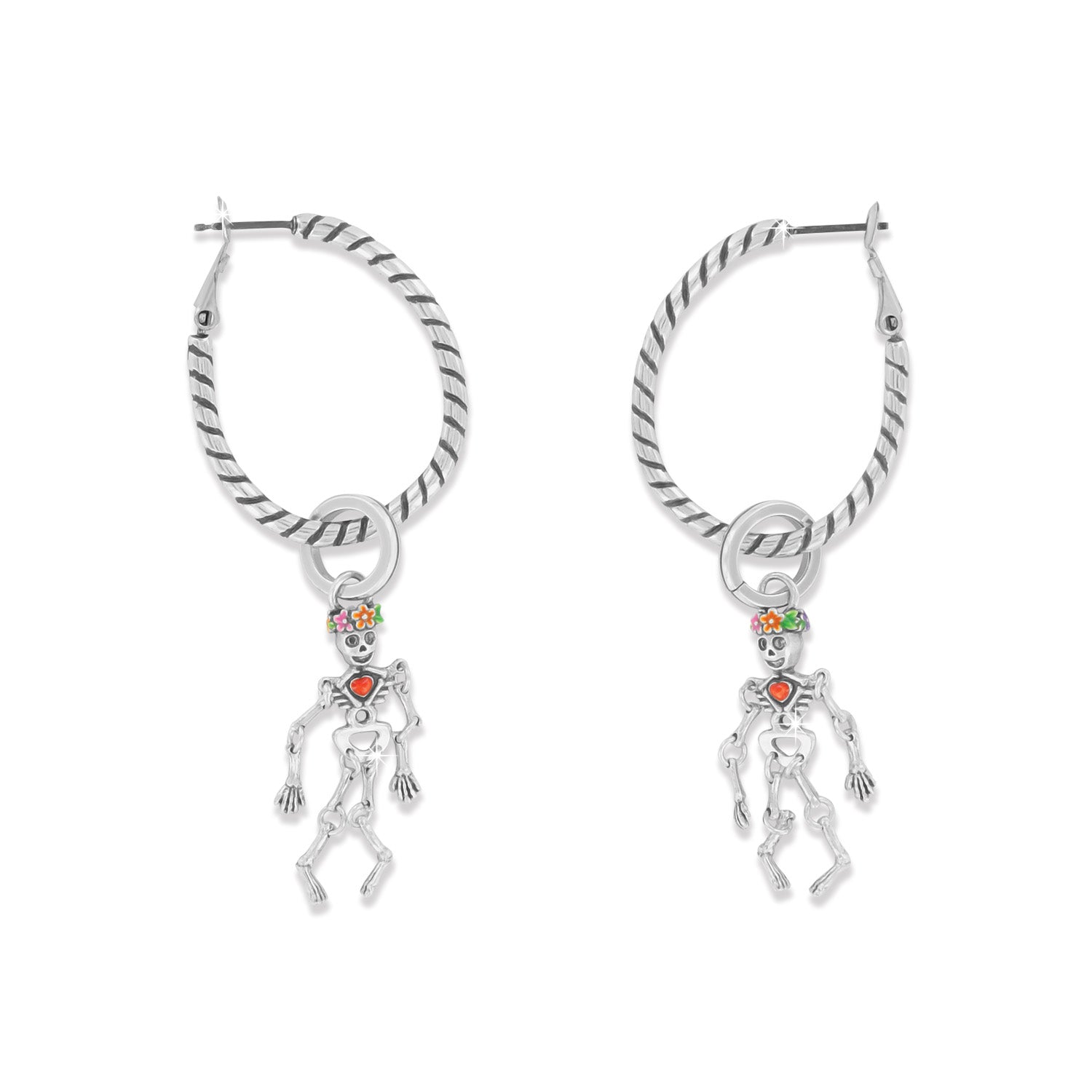 Brighton hoop earrings with silver-plated twisted rope design and dangling enamel skeleton charms on a white background