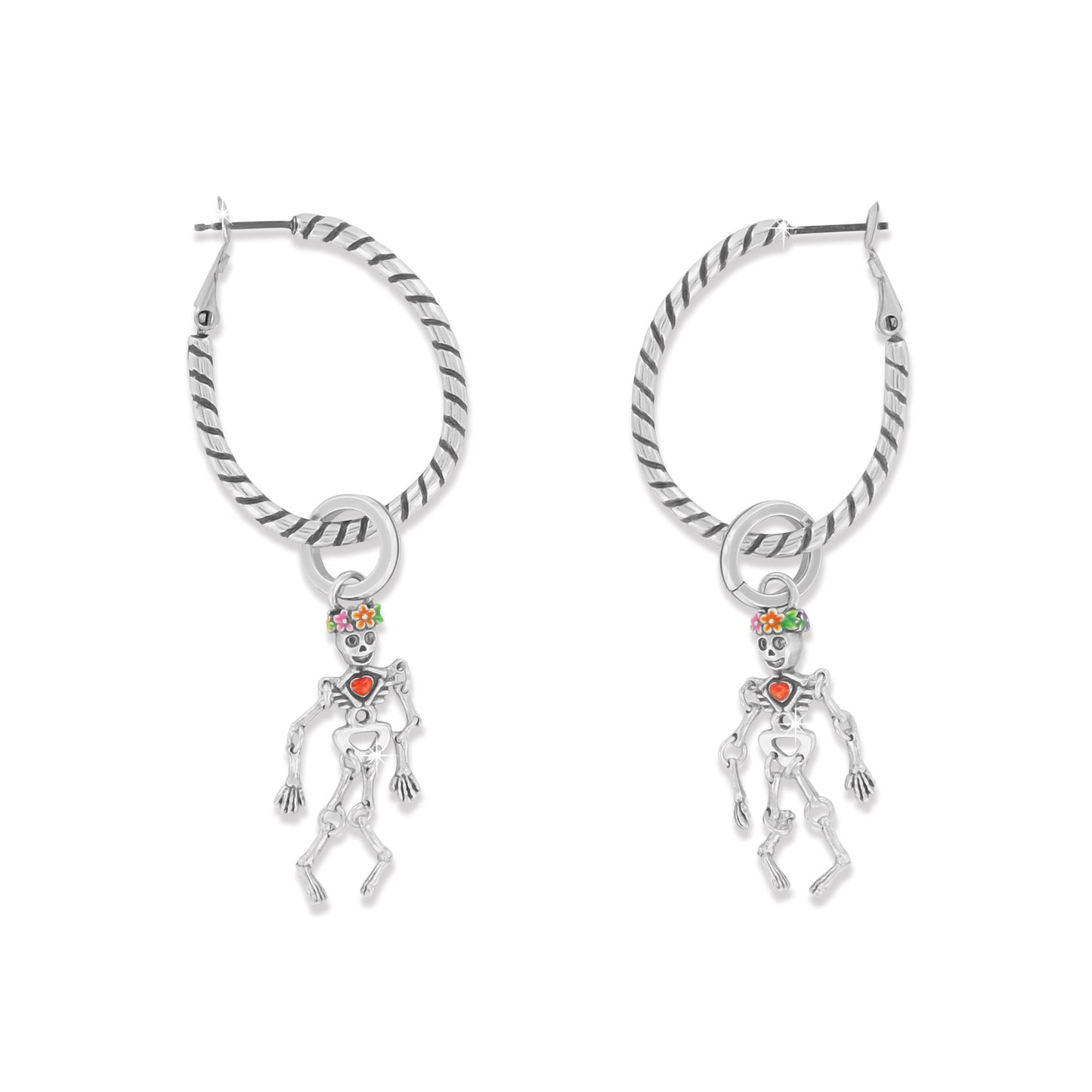 Brighton hoop earrings with silver-plated twisted rope design and dangling enamel skeleton charms on a white background
