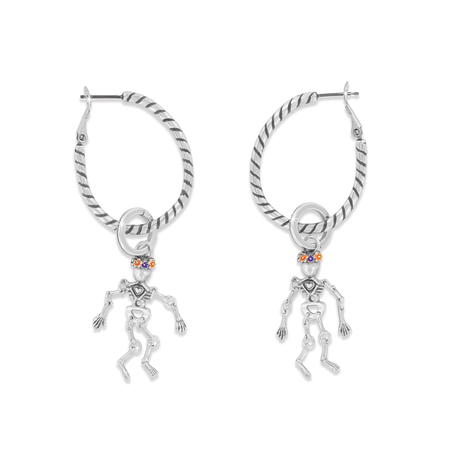 Brighton hoop earrings with silver-plated twisted rope design and dangling skeleton charms with enamel flowers on a white background