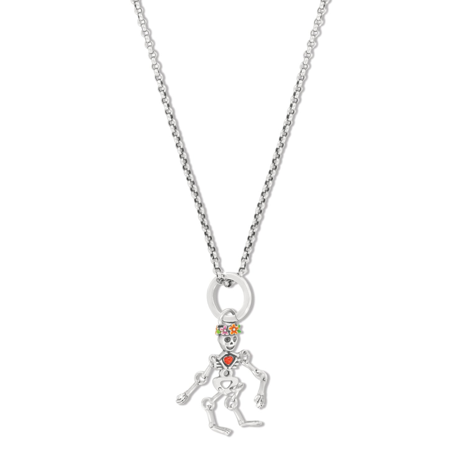 Brighton pendant necklace with silver-plated skeleton charm, enamel floral crown, and red heart accent on a white background