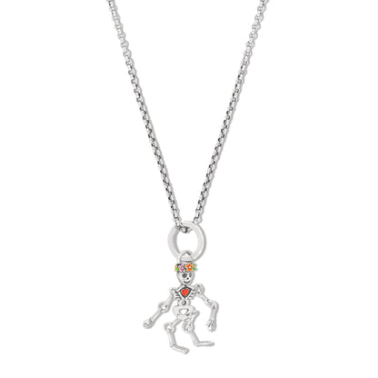 Brighton pendant necklace with silver-plated skeleton charm, enamel floral crown, and red heart accent on a white background