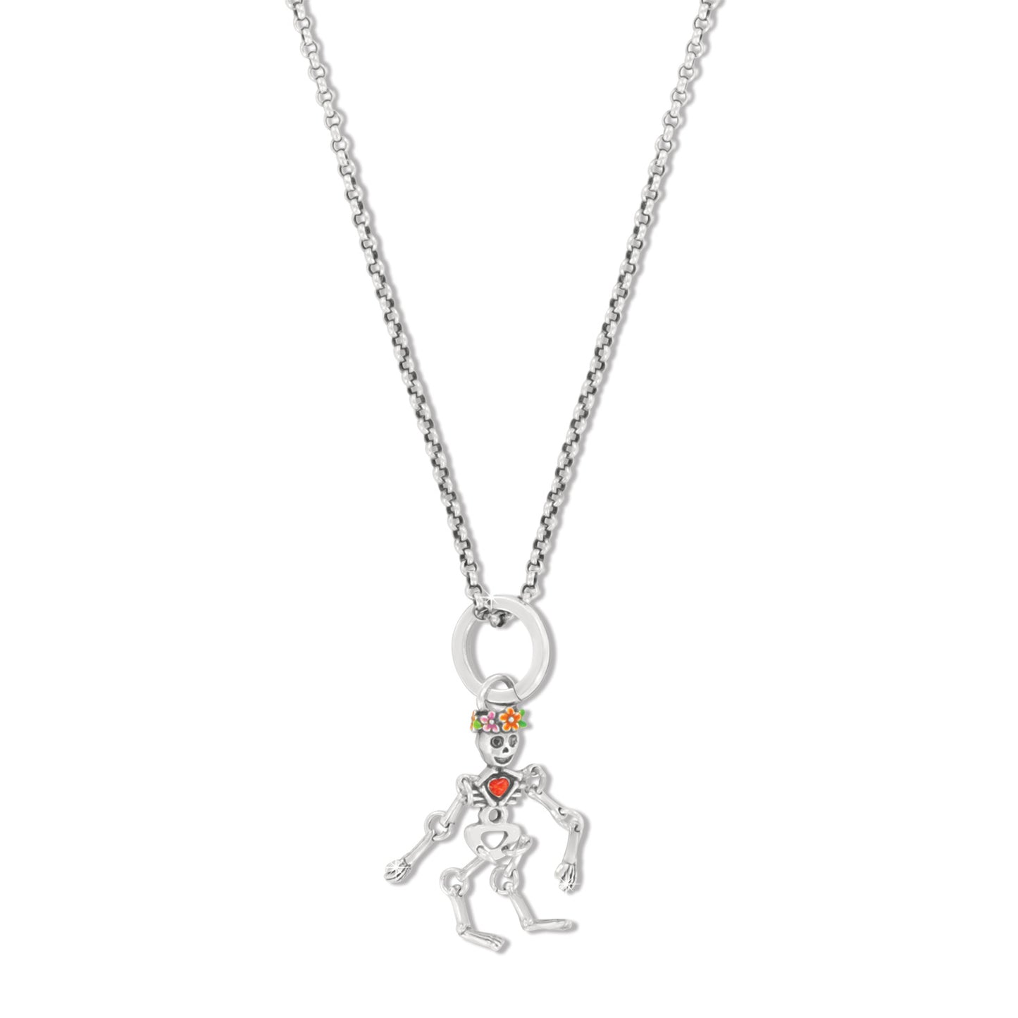 Brighton pendant necklace with silver-plated skeleton charm, enamel floral crown, and red heart accent on a white background