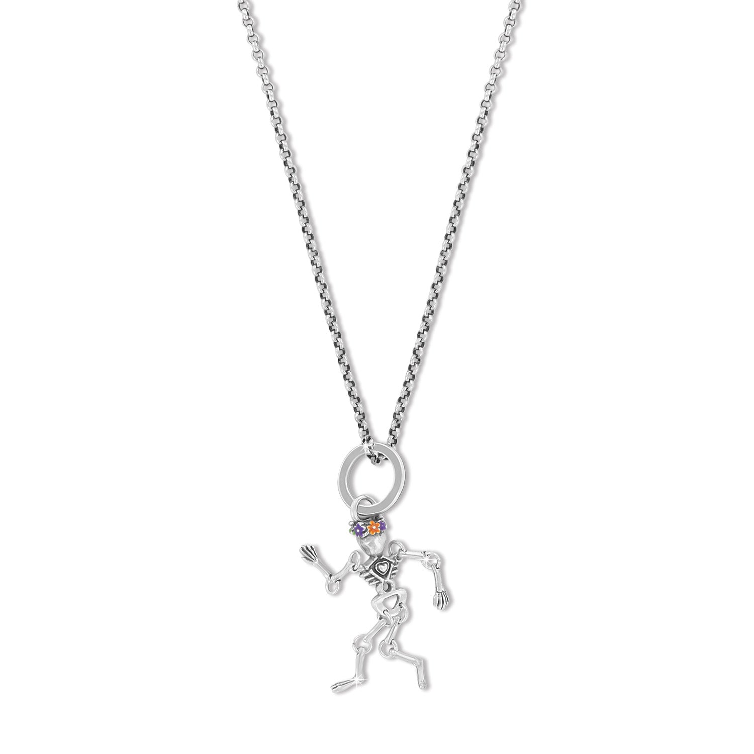 Brighton pendant necklace with silver-plated skeleton charm, enamel floral crown, and box chain on a white background