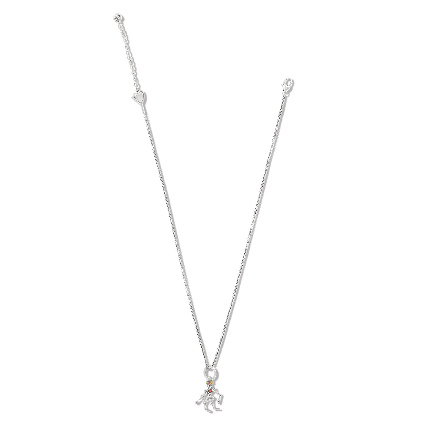 Brighton silver-plated charm necklace with enamel clown pendant and heart accent on chain on a white background