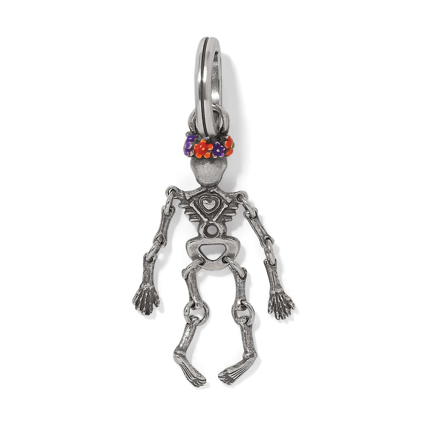 Brighton silver-plated skeleton charm with articulated limbs and colorful enamel floral crown on a white background