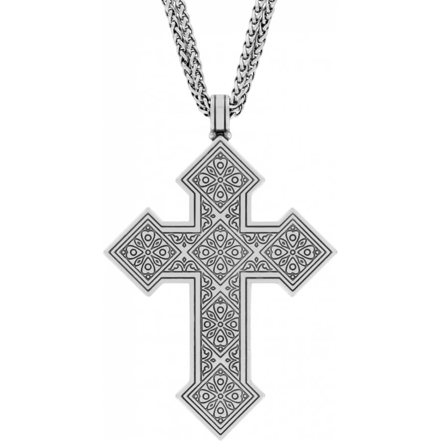 Brighton pendant necklace with ornate silver-plated cross featuring floral engravings on a braided chain on a white background