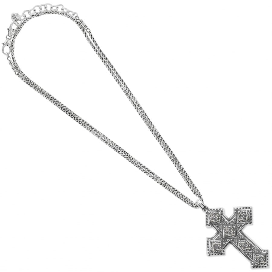 Brighton cross pendant necklace with silver-plated ornate engraved design and double wheat chain on a white background