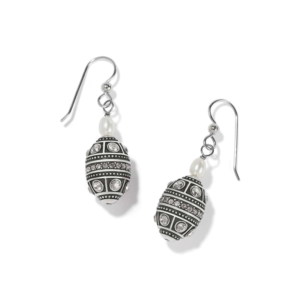 Brighton drop earrings with silver-plated oval beads, crystal accents, and freshwater pearls on a white background