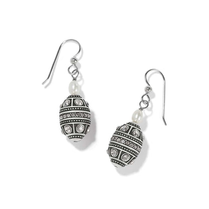 Brighton drop earrings with silver-plated oval beads, crystal accents, and freshwater pearls on a white background
