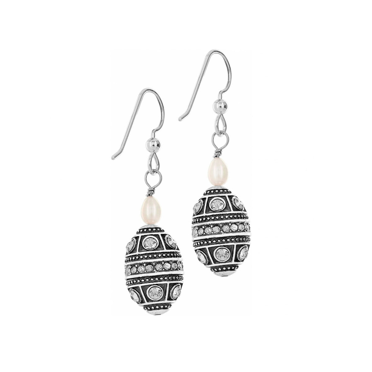 Brighton drop earrings with silver-plated oval beads, crystal accents, and freshwater pearls on a white background
