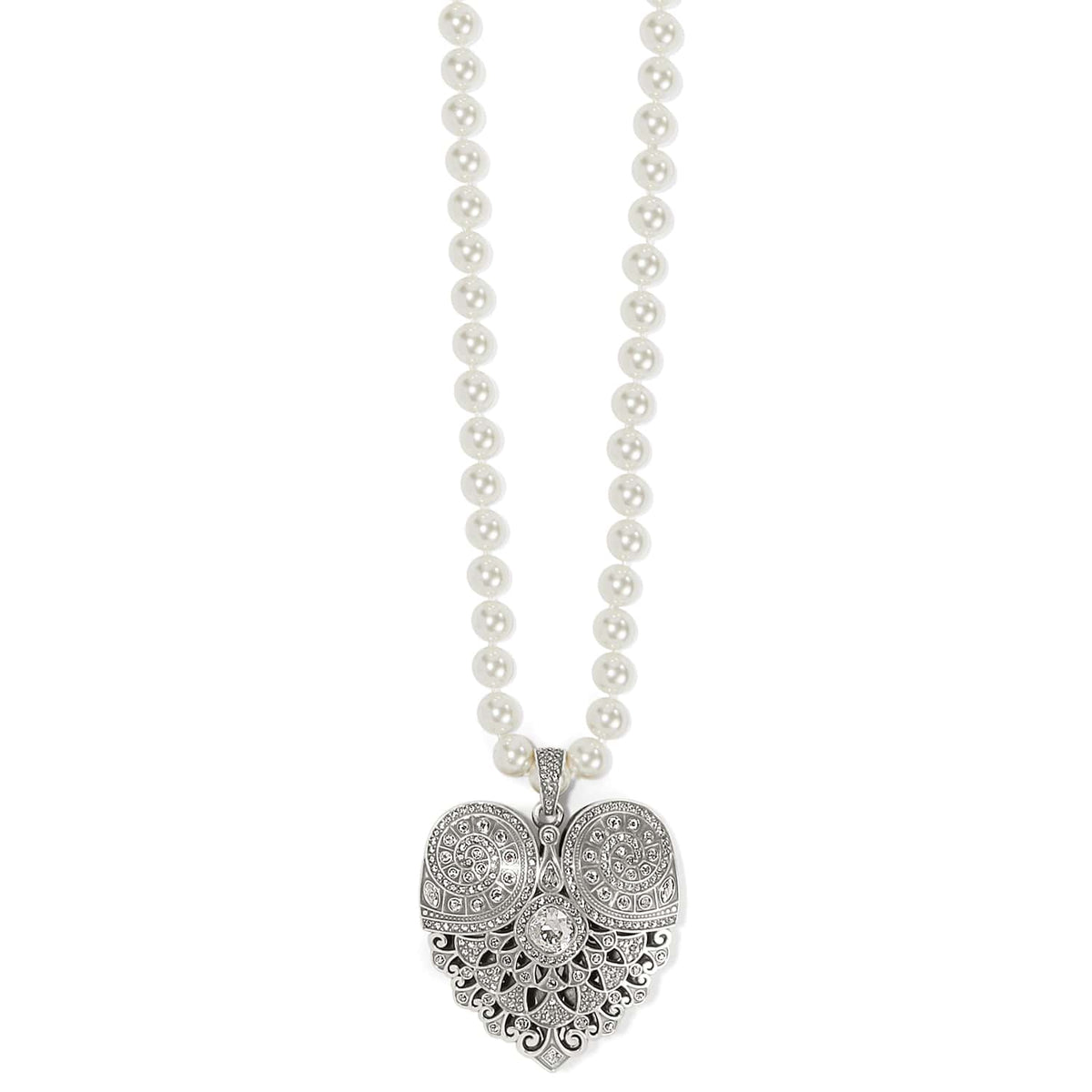 Brighton pendant necklace with glass pearls and silver-plated heart featuring crystal accents on a white background