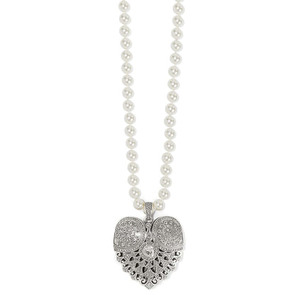 Brighton pendant necklace with glass pearls and silver-plated heart featuring crystal accents on a white background
