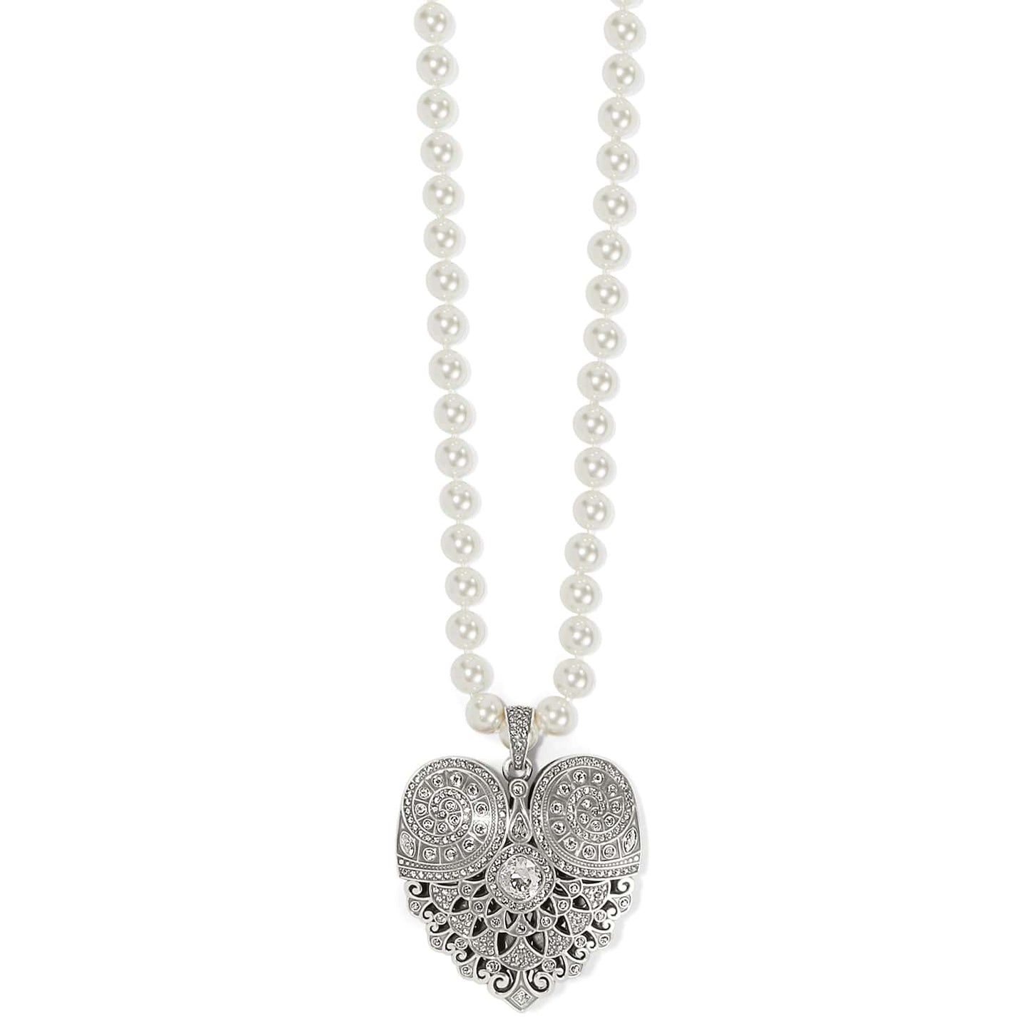 Brighton pendant necklace with glass pearls and silver-plated heart featuring crystal accents on a white background