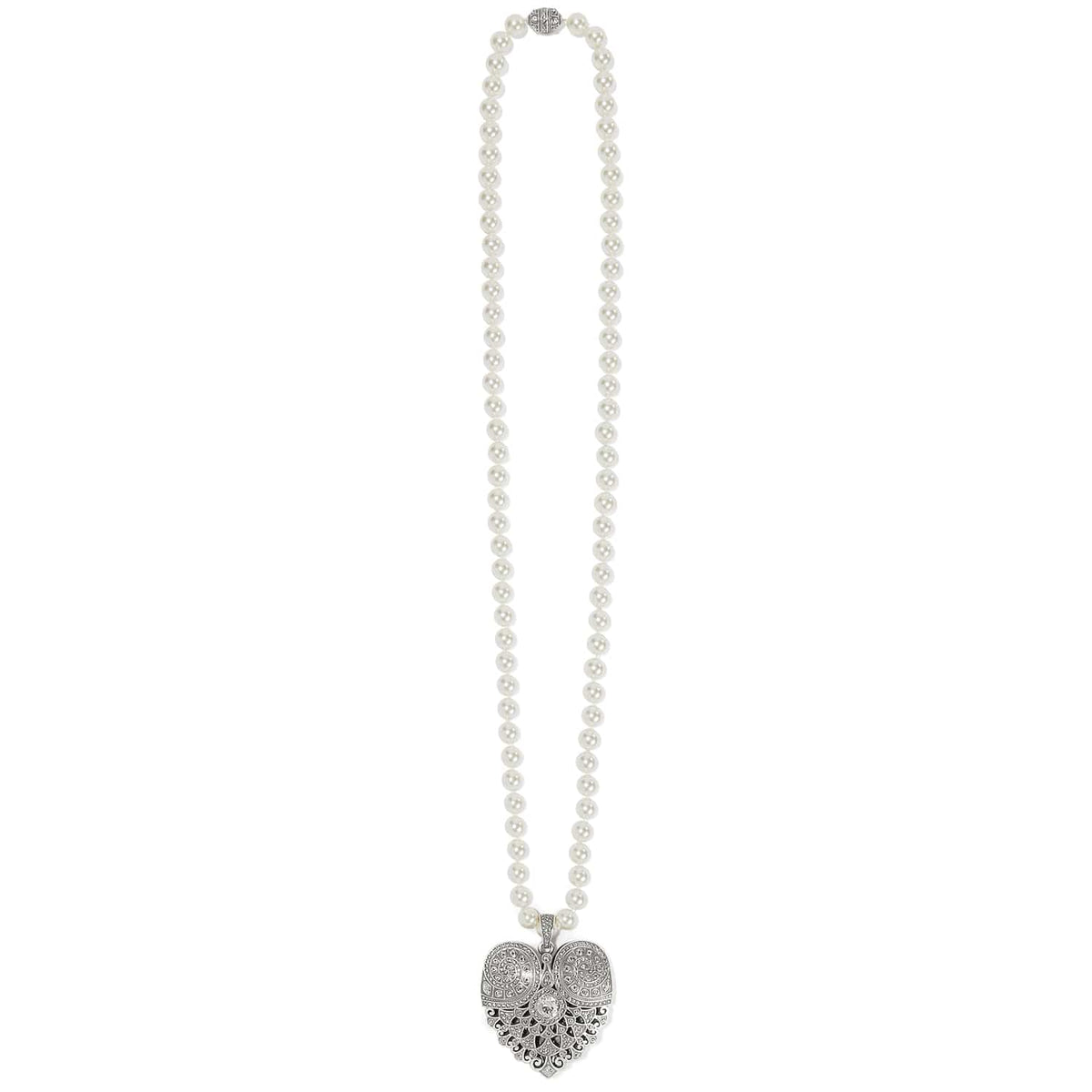 Brighton pendant necklace with glass pearls and silver-plated heart pendant featuring crystal accents on a white background