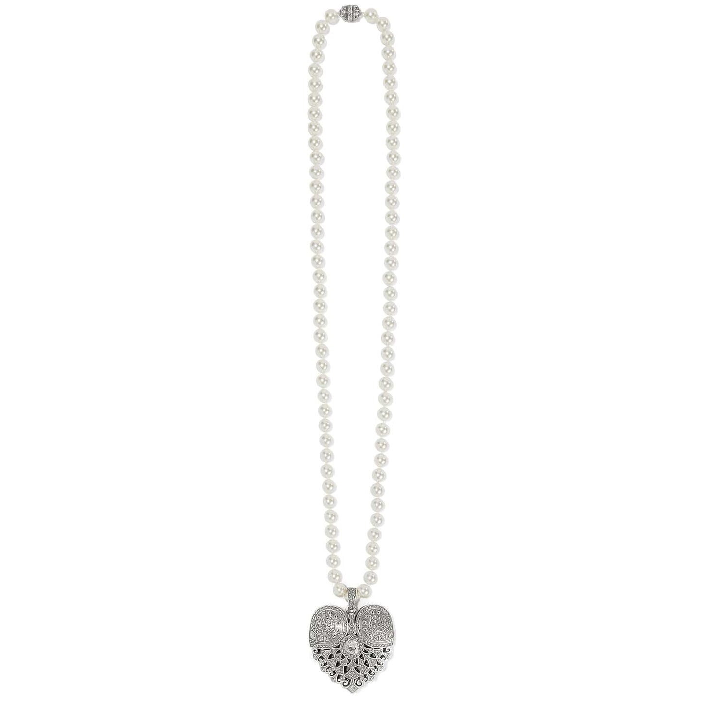 Brighton pendant necklace with glass pearls and silver-plated heart pendant featuring crystal accents on a white background