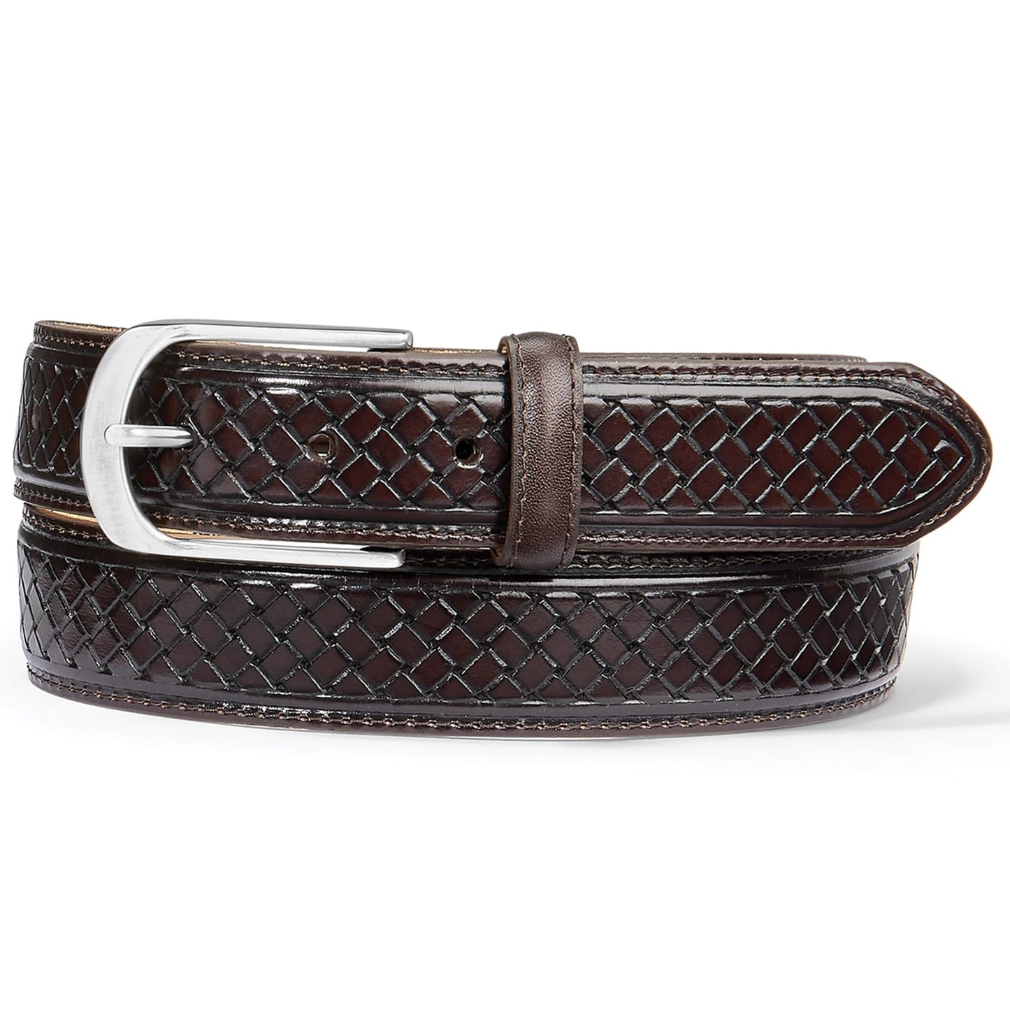 Brighton brown leather belt with basketweave embossed pattern and silver-tone buckle on a white background