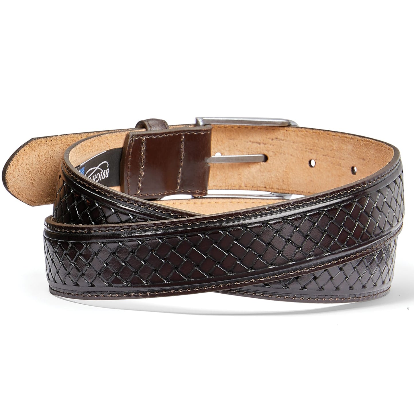Brighton brown leather belt with woven basketweave center design and silver-tone buckle, coiled on a white background