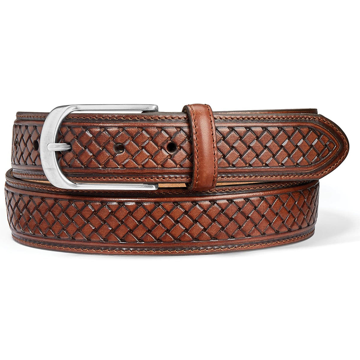 Brighton brown leather belt with woven basketweave pattern and silver-tone buckle on a white background