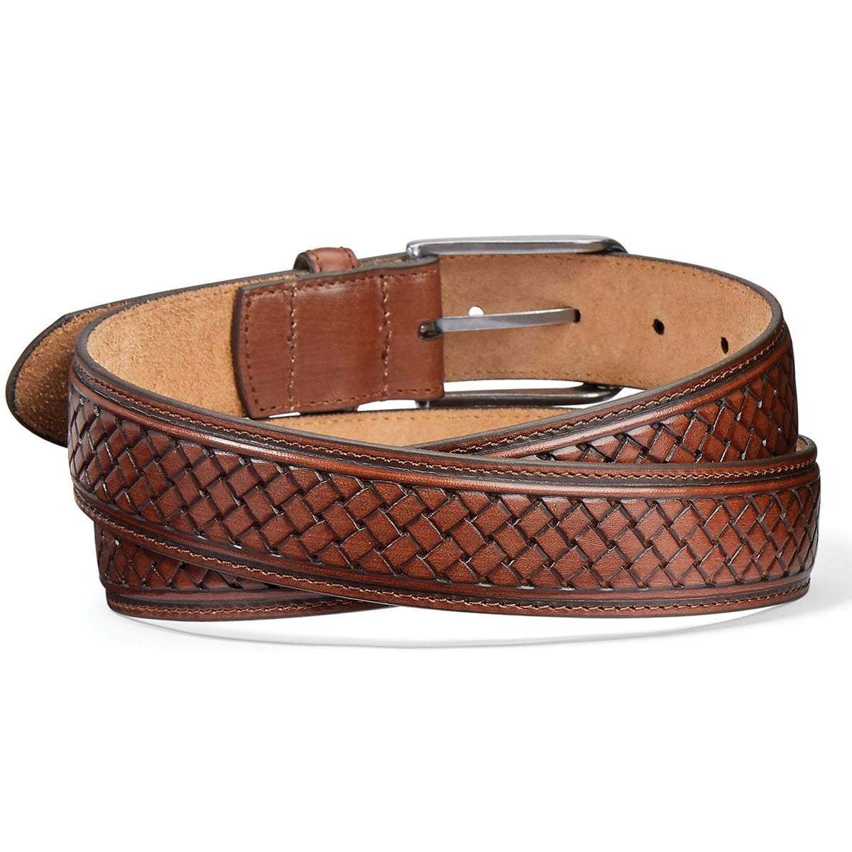Brighton brown leather belt with woven basketweave center design and silver-tone buckle on a white background