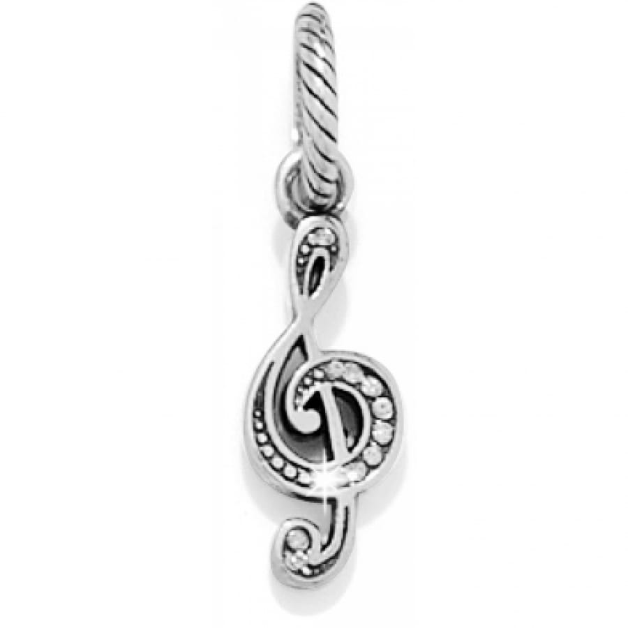 Brighton treble clef charm with silver-plated finish, crystal accents, and twisted rope bail on a white background