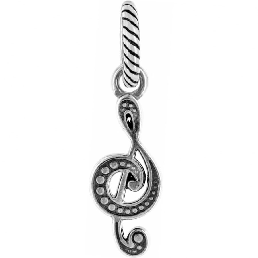 Brighton treble clef charm with silver-plated finish, dotted scroll detail, and rope-textured bail on a white background