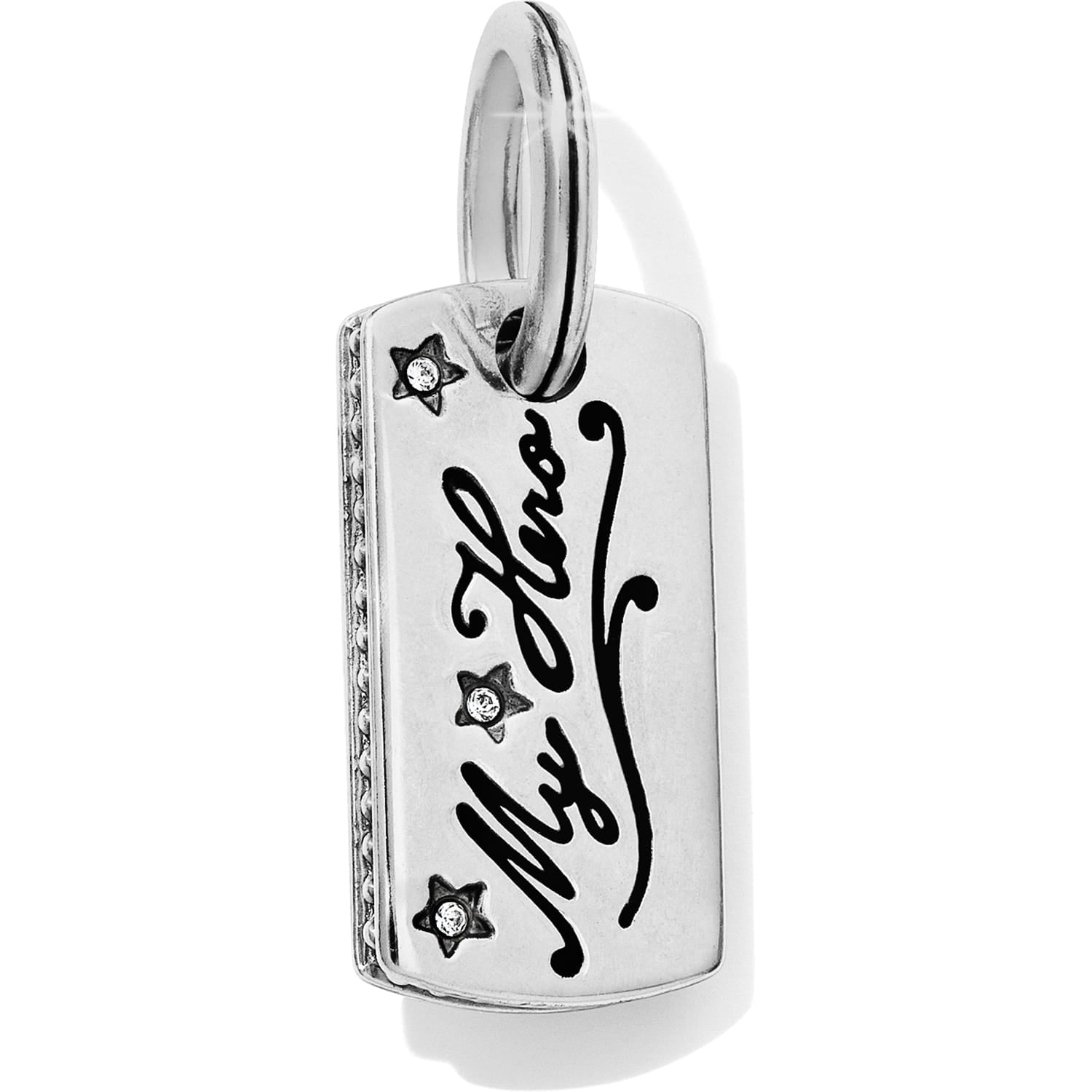 Brighton charm with My Hero script, crystal-set stars, and split ring in two-tone finish on a white background
