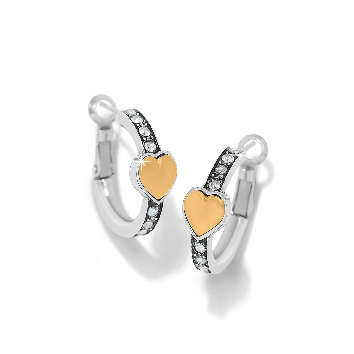 Brighton hoop earrings with two-tone finish, gold hearts, and crystal-lined bands on a white background