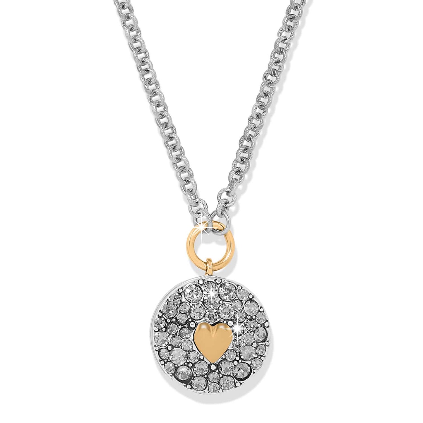 Brighton pendant necklace with two-tone crystal-pavé disc, gold heart accent, and silver-tone chain on a white background