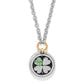 Brighton pendant necklace with silver four-leaf clover, green crystal heart, and gold-tone accent ring on a white background