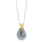 Brighton pendant necklace with teardrop shape, blue and clear crystals, and two-tone gold bail on a white background