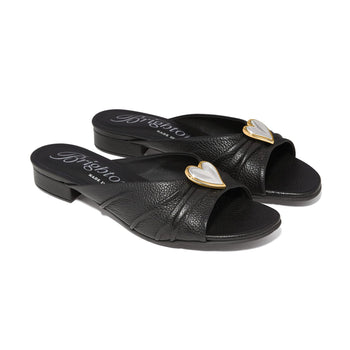 Brighton black leather slide sandals with silver and gold-tone heart ornament and low heel on a white background