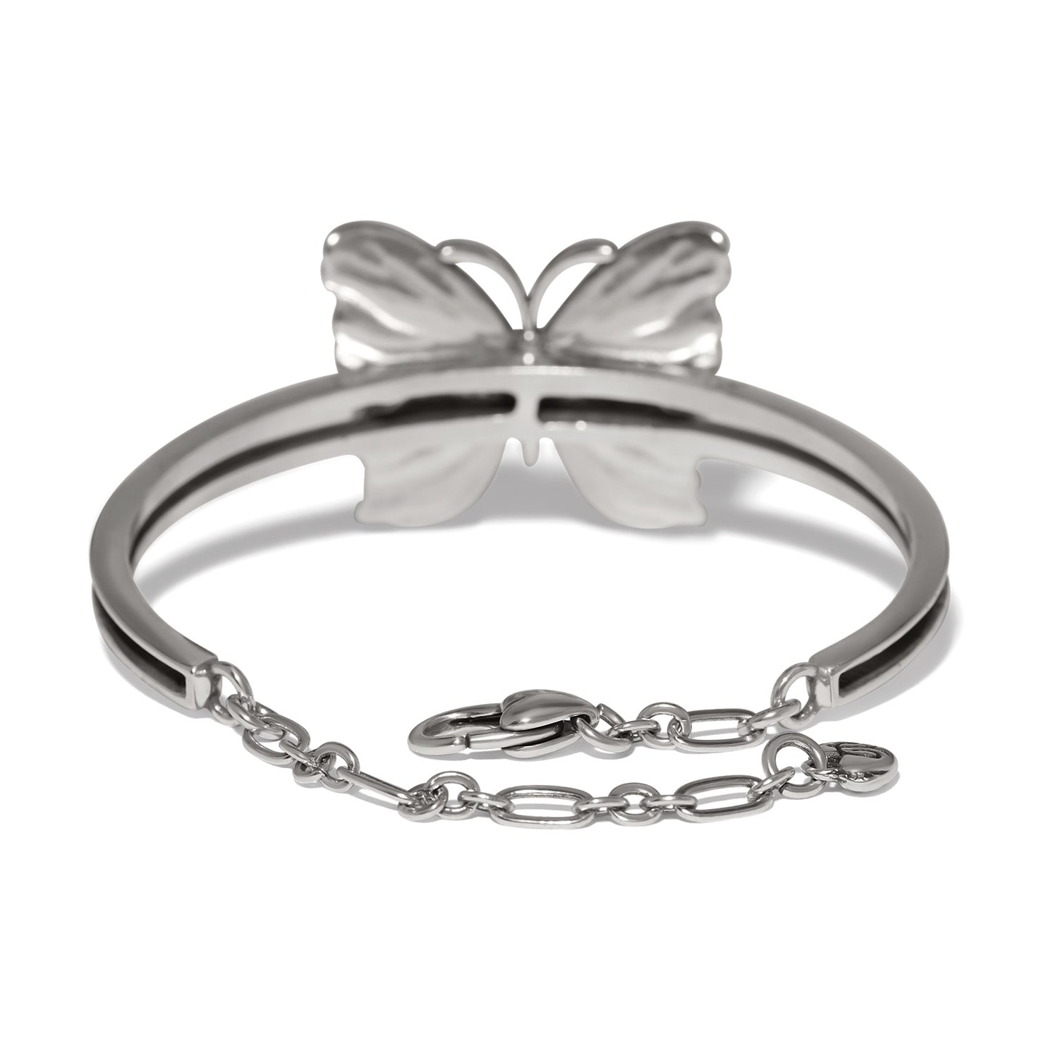Brighton butterfly bracelet shown from the back with silver-tone finish, chain closure, and lobster clasp on a white background