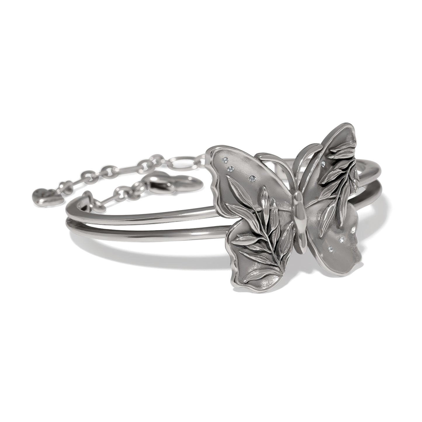 Brighton hinged bangle bracelet with silver-tone butterfly centerpiece featuring leaf detailing and crystal accents on a white background
