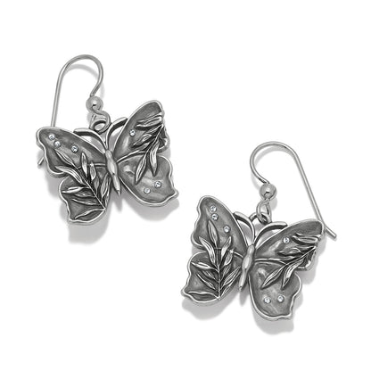 Brighton silver-plated butterfly drop earrings with etched leaf wings and crystal accents on a white background
