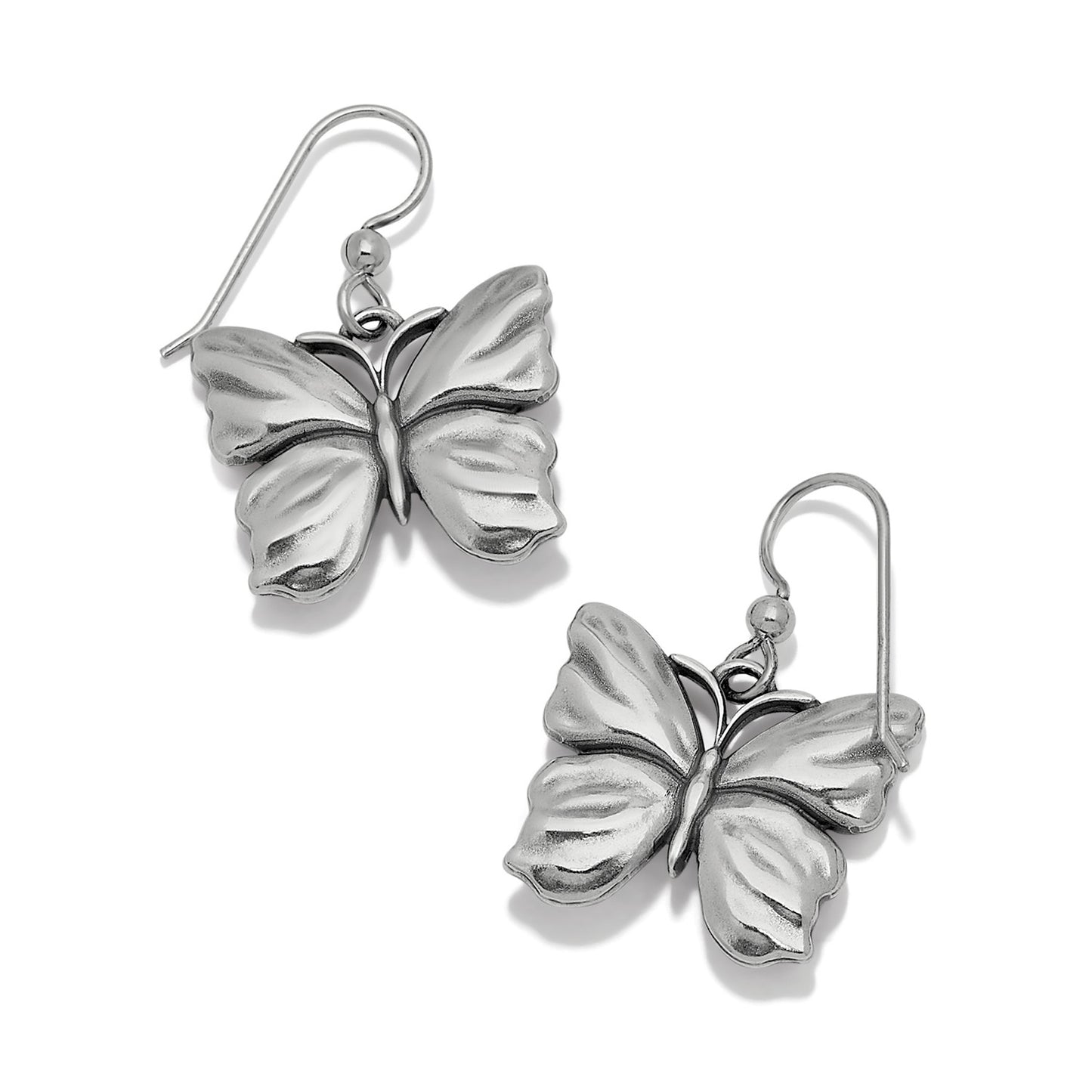 Brighton butterfly drop earrings with silver-plated wings and French hook closures on a white background
