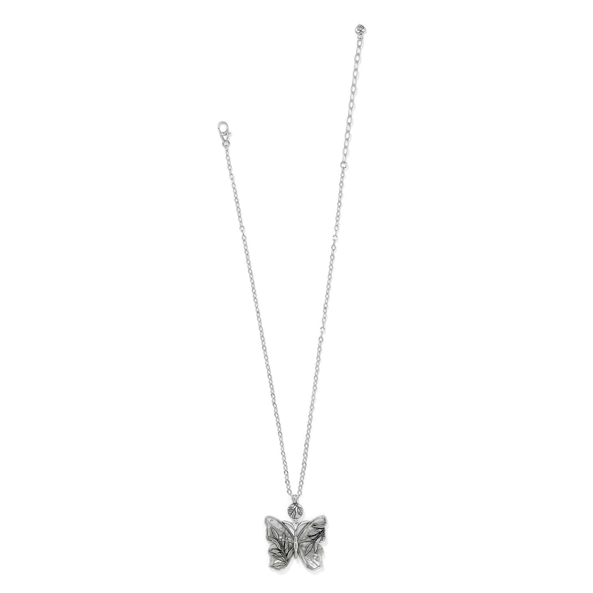 Brighton pendant necklace with silver-plated butterfly featuring engraved leaf detail on delicate chain on a white background