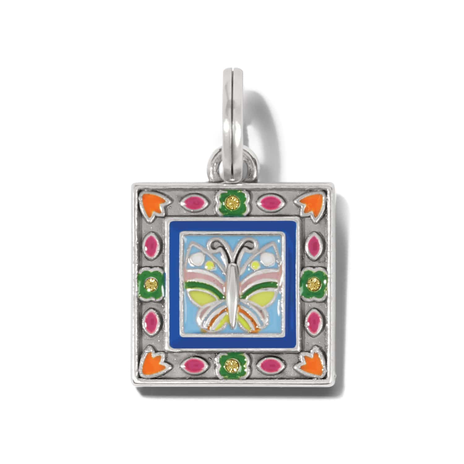 Brighton charm with silver-plated square frame, enamel butterfly design, floral border, and crystal accents on a white background