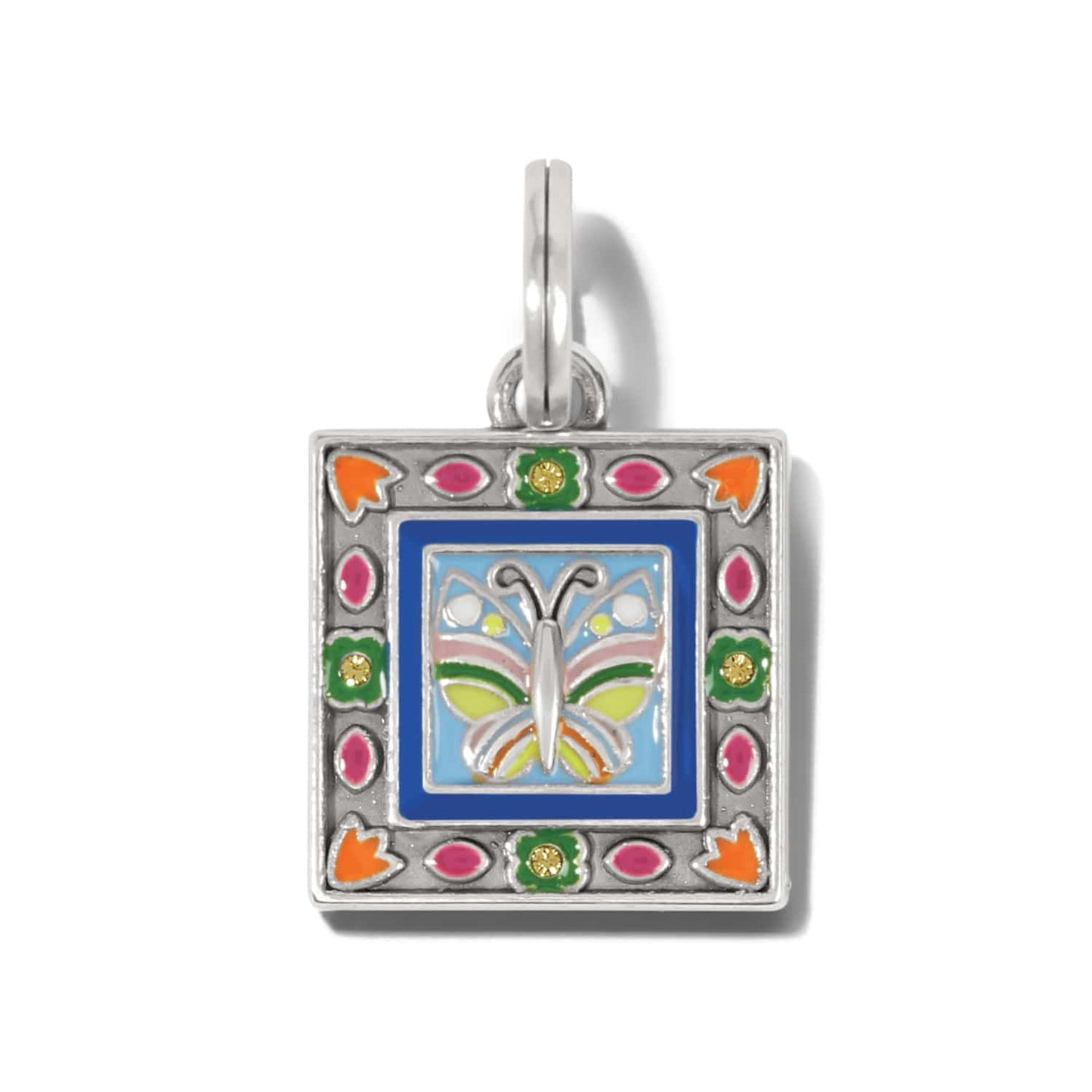 Brighton charm with silver-plated square frame, enamel butterfly design, floral border, and crystal accents on a white background